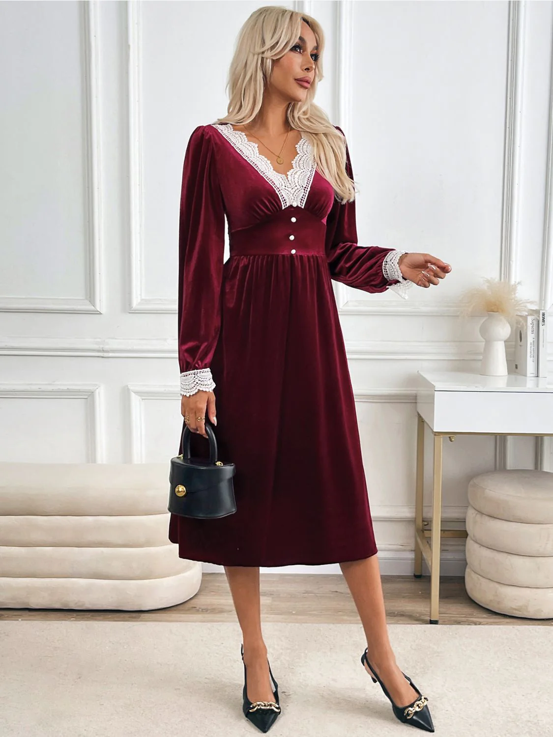 Perfee Lace Detail V-Neck Long Sleeve Midi Dress - Image 6