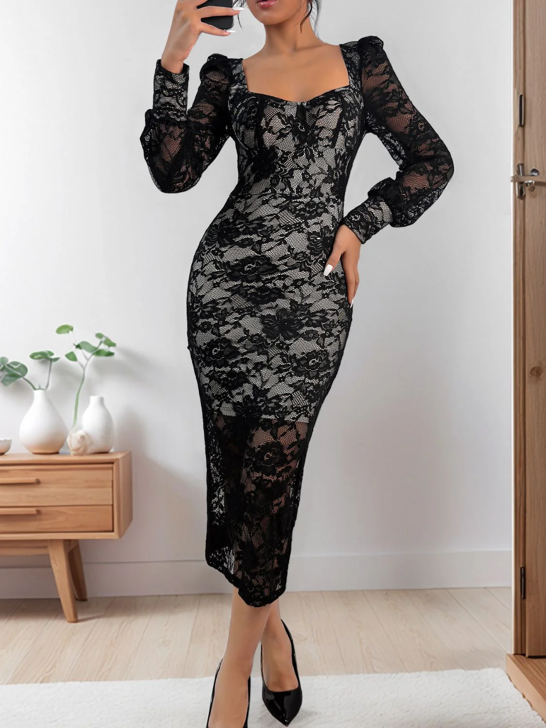 Perfee Lace Sweetheart Neck Long Sleeve Midi Dress - Image 3