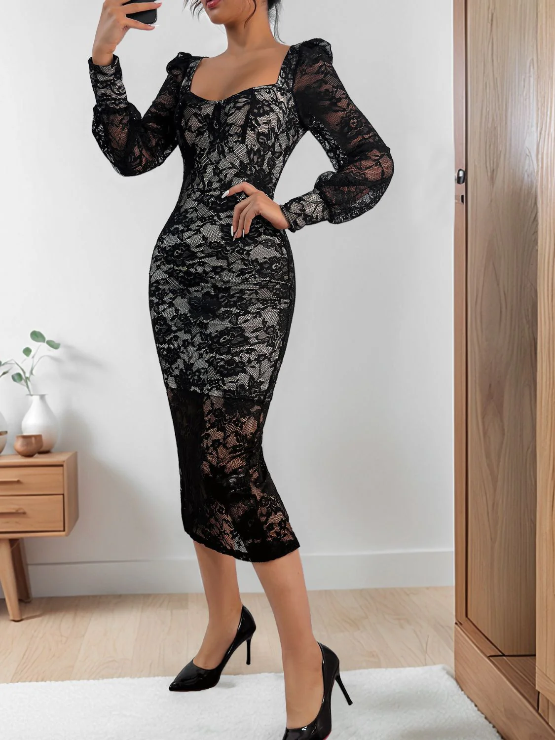 Perfee Lace Sweetheart Neck Long Sleeve Midi Dress - Image 4