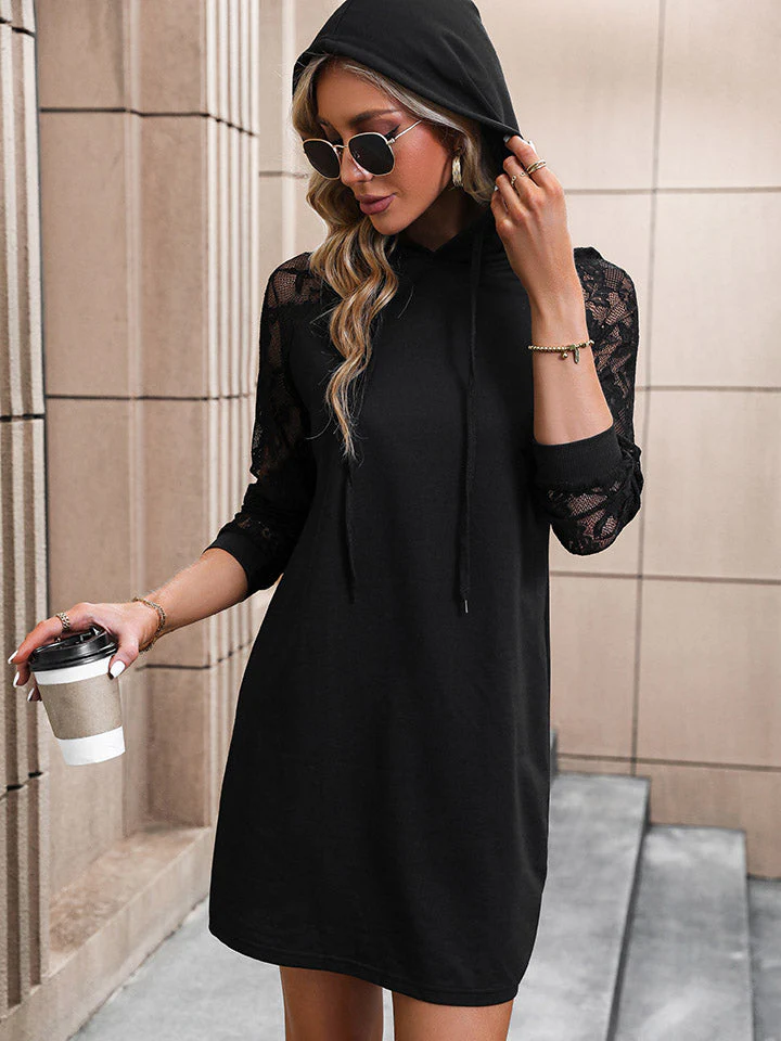 Perfee Lace Trim Long Sleeve Hooded Dress - Image 3
