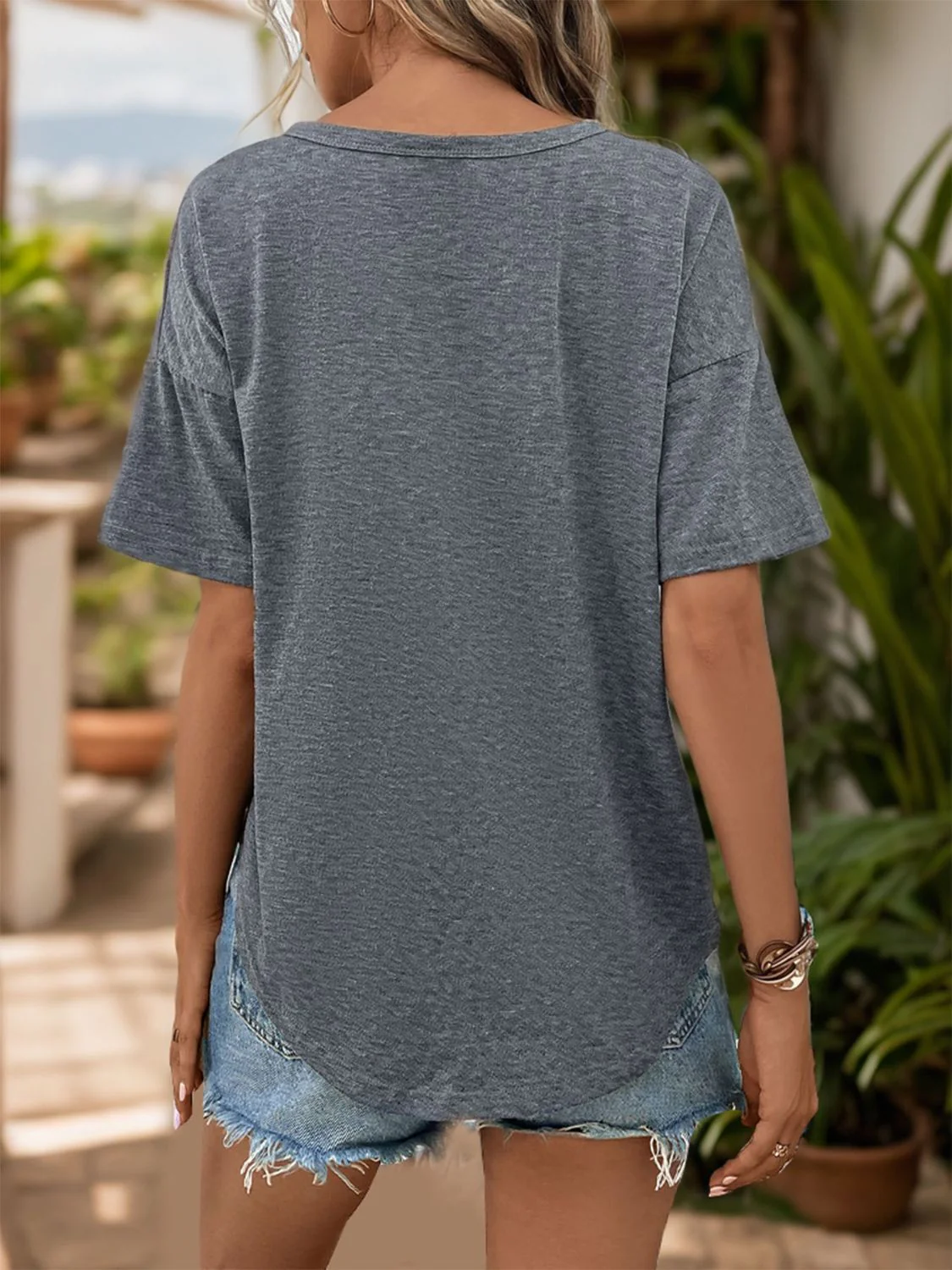 Perfee Notched Dropped Shoulder Half Sleeve T-Shirt - Image 2