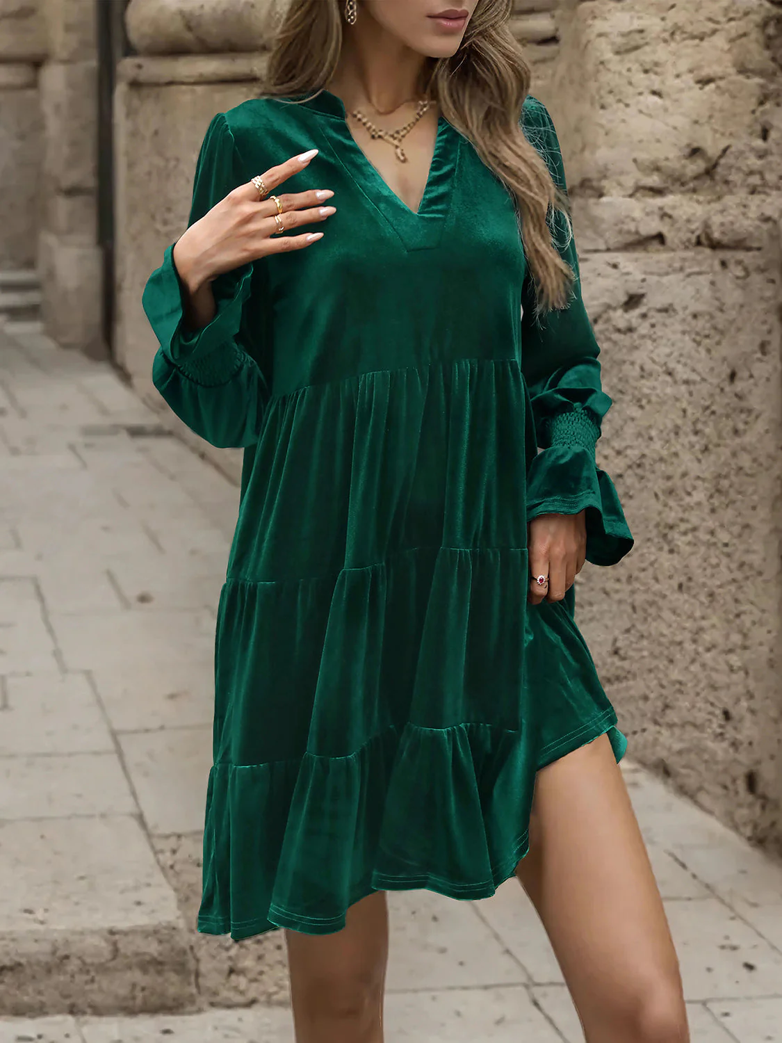 Perfee Notched Long Sleeve Tiered Dress - Image 4