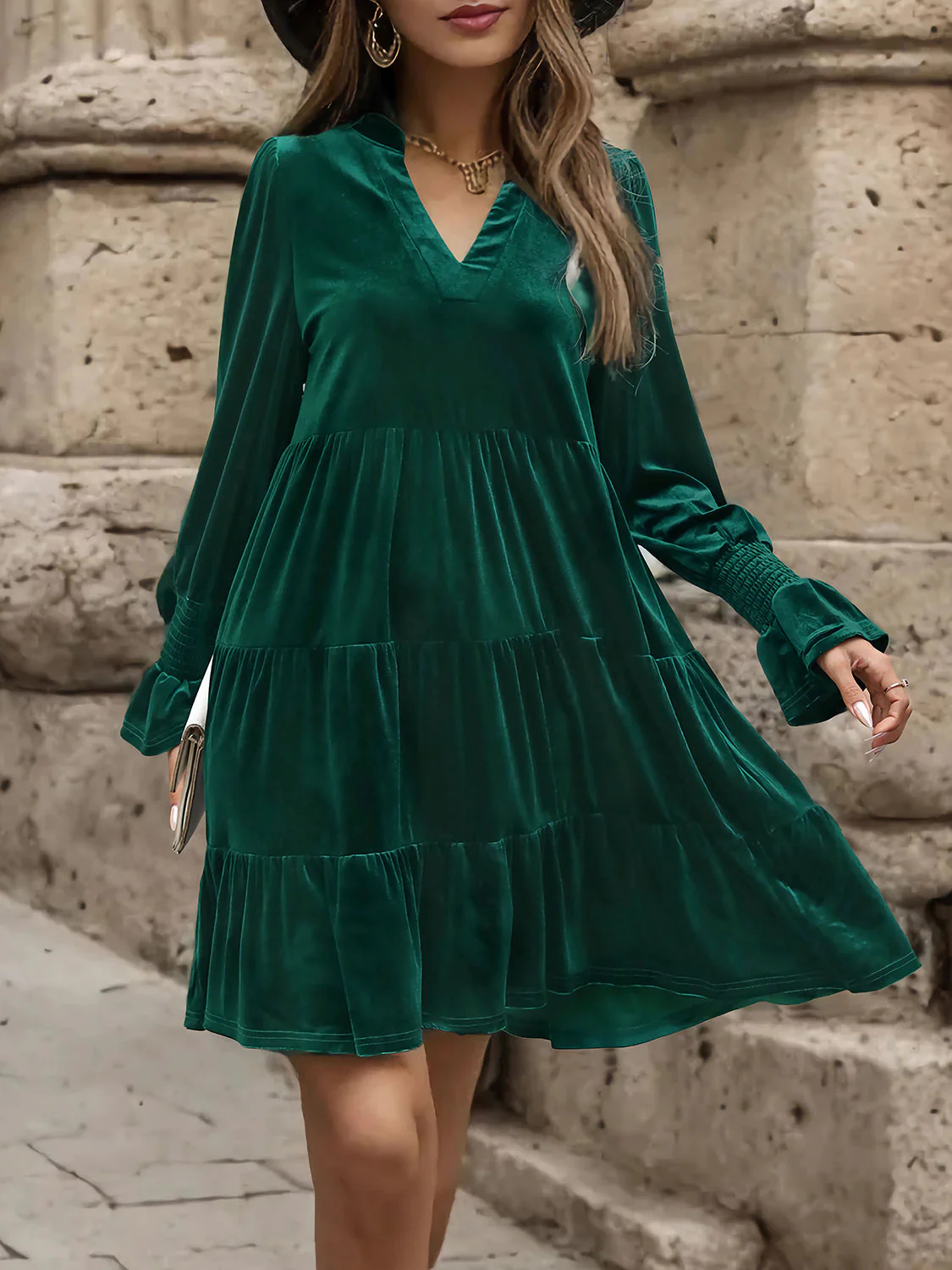Perfee Notched Long Sleeve Tiered Dress - Image 5