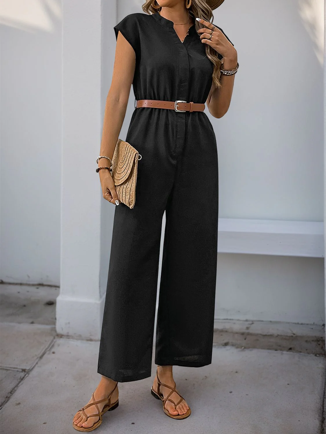Perfee Notched Wide Leg Jumpsuit - Image 3