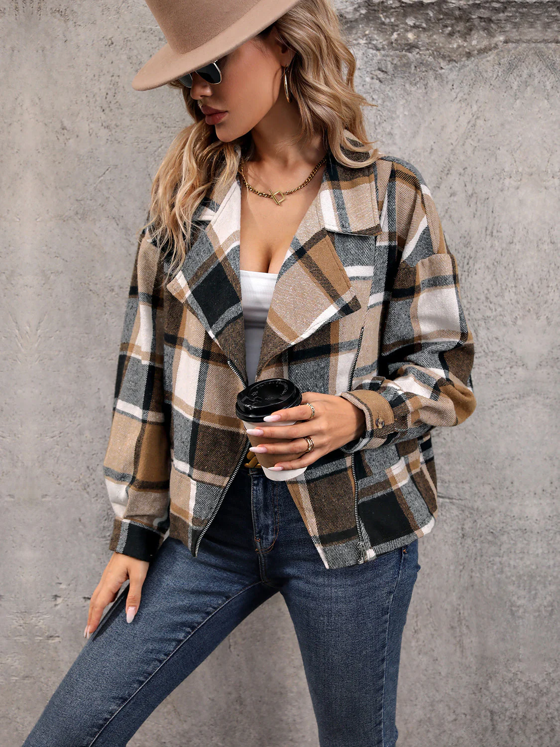 Perfee Plaid Collared Neck Long Sleeve Jacket - Image 4