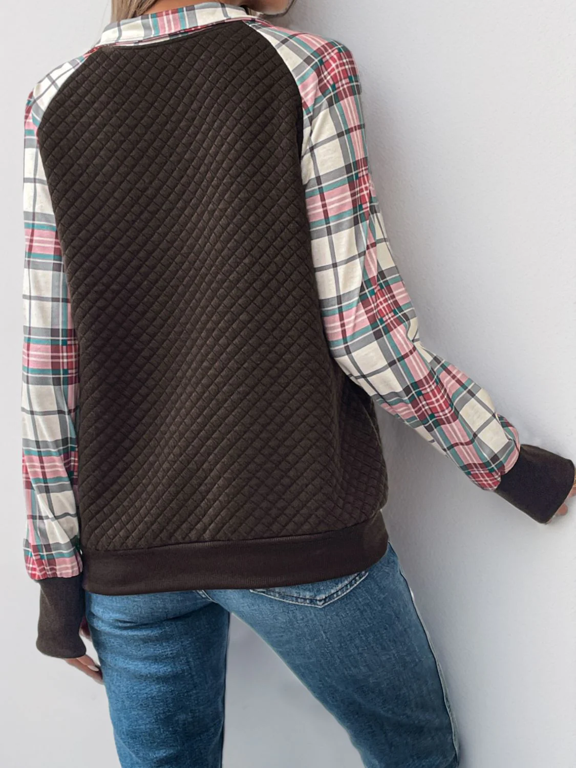 Perfee Plaid Half Zip Long Sleeve Sweatshirt - Image 2