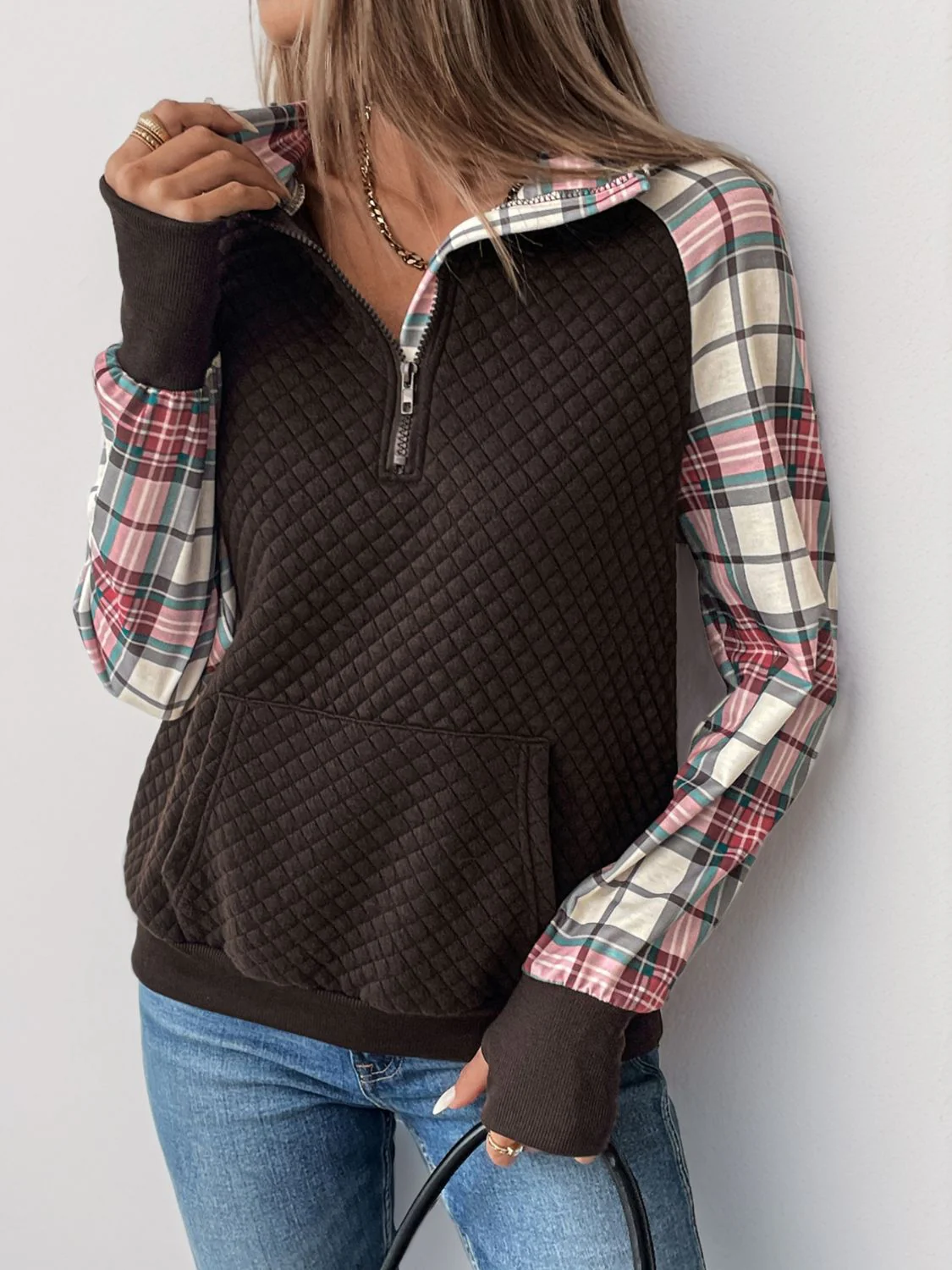 Perfee Plaid Half Zip Long Sleeve Sweatshirt - Image 3