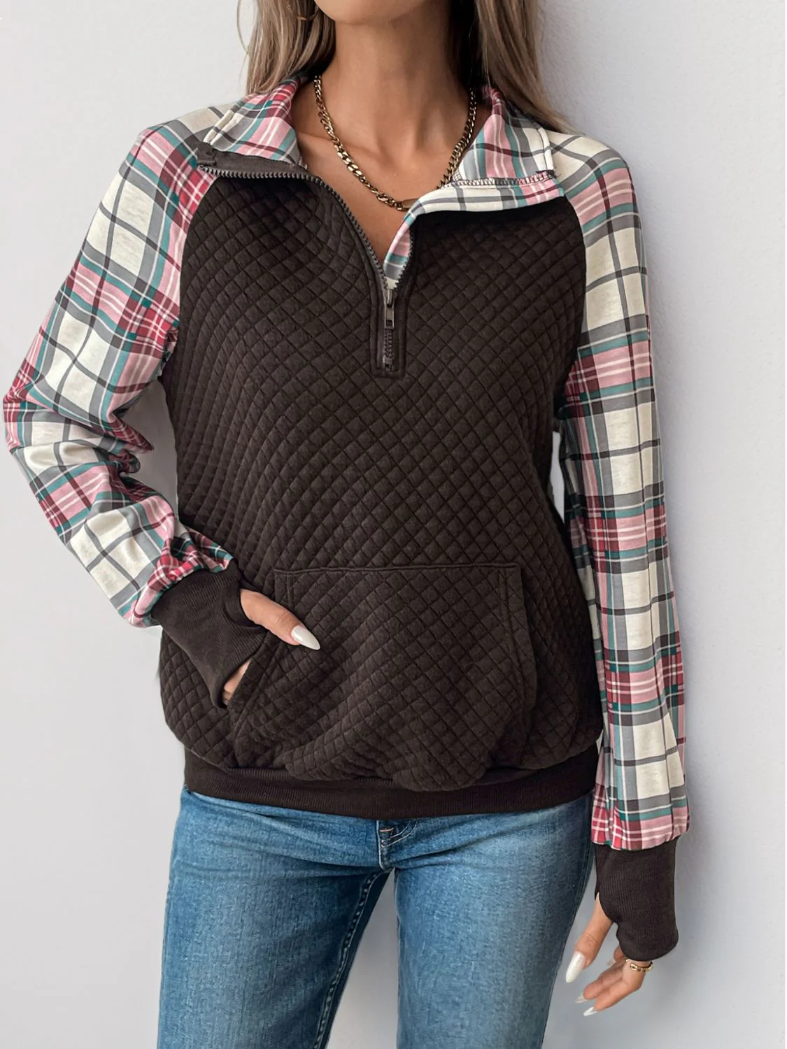 Perfee Plaid Half Zip Long Sleeve Sweatshirt - Image 4