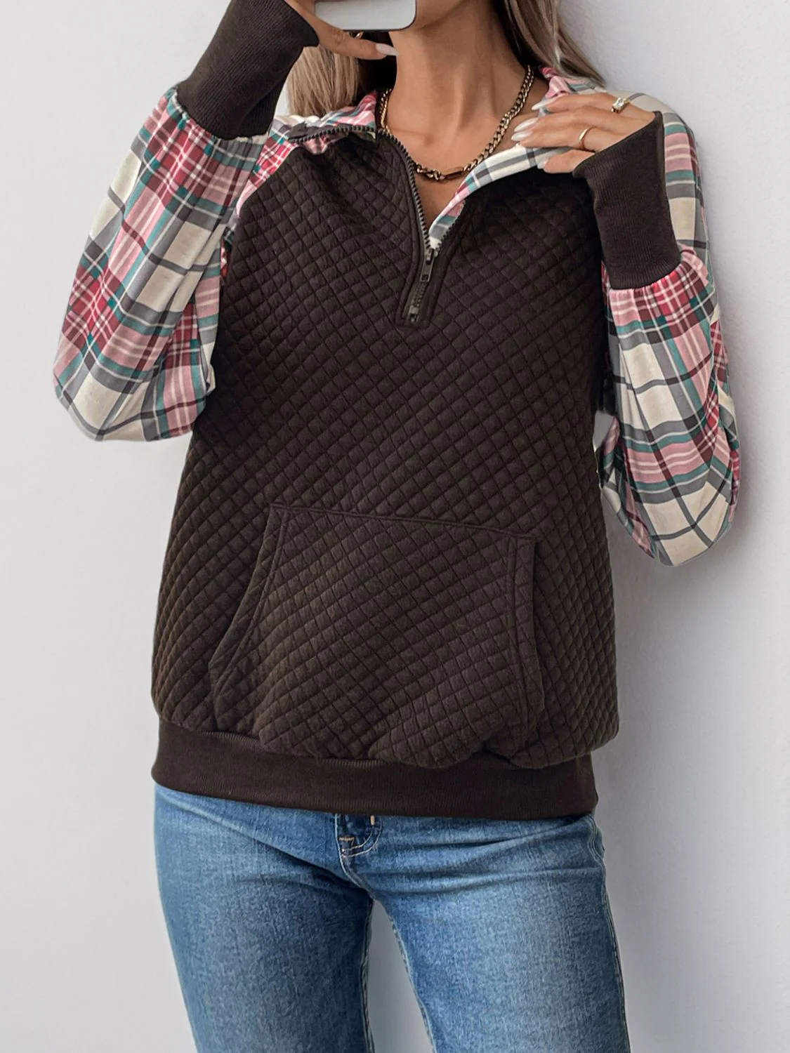 Perfee Plaid Half Zip Long Sleeve Sweatshirt - Image 5