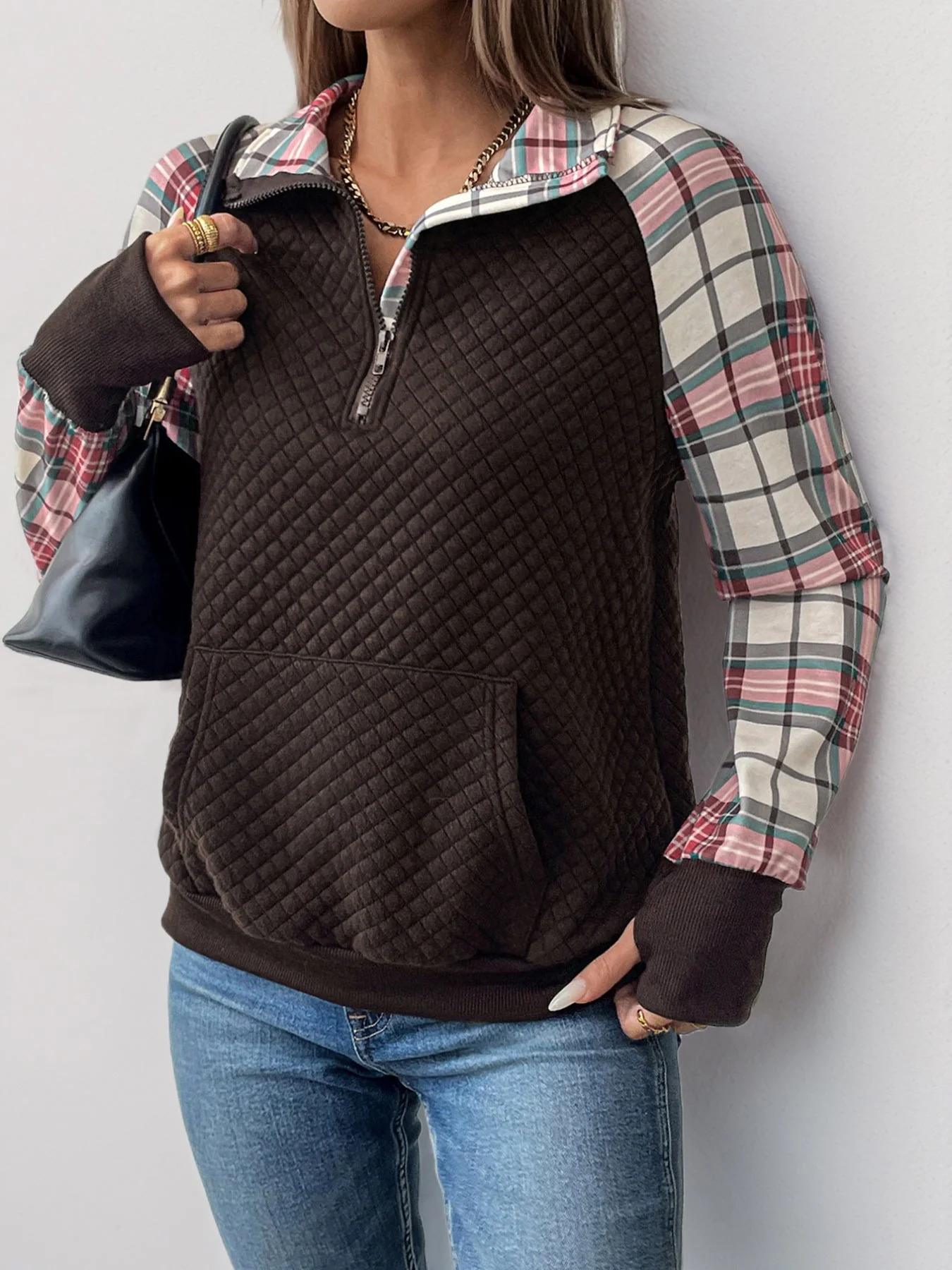 Perfee Plaid Half Zip Long Sleeve Sweatshirt - Image 6