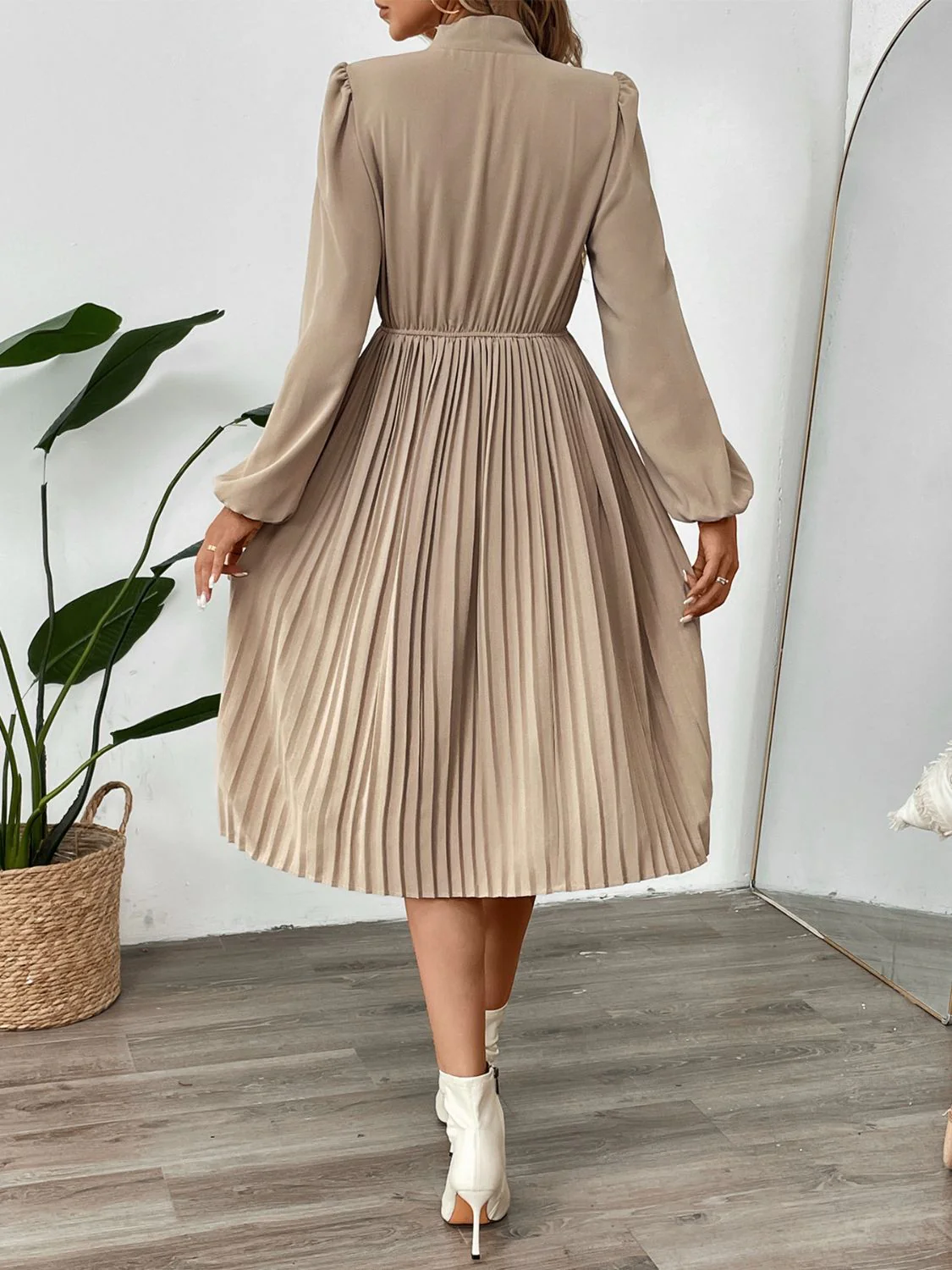 Perfee Pleated Tie Neck Long Sleeve Dress - Image 2