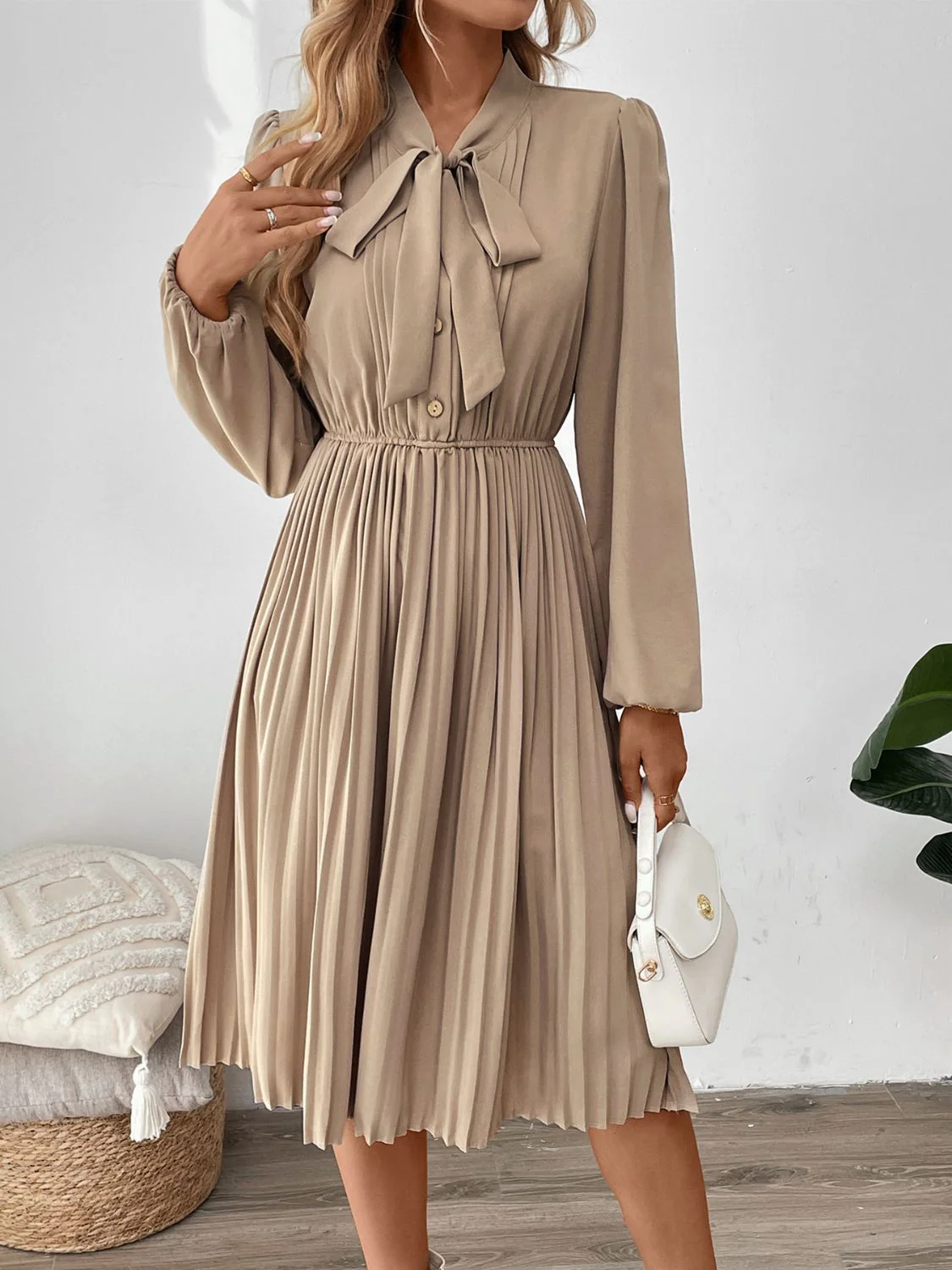 Perfee Pleated Tie Neck Long Sleeve Dress - Image 3