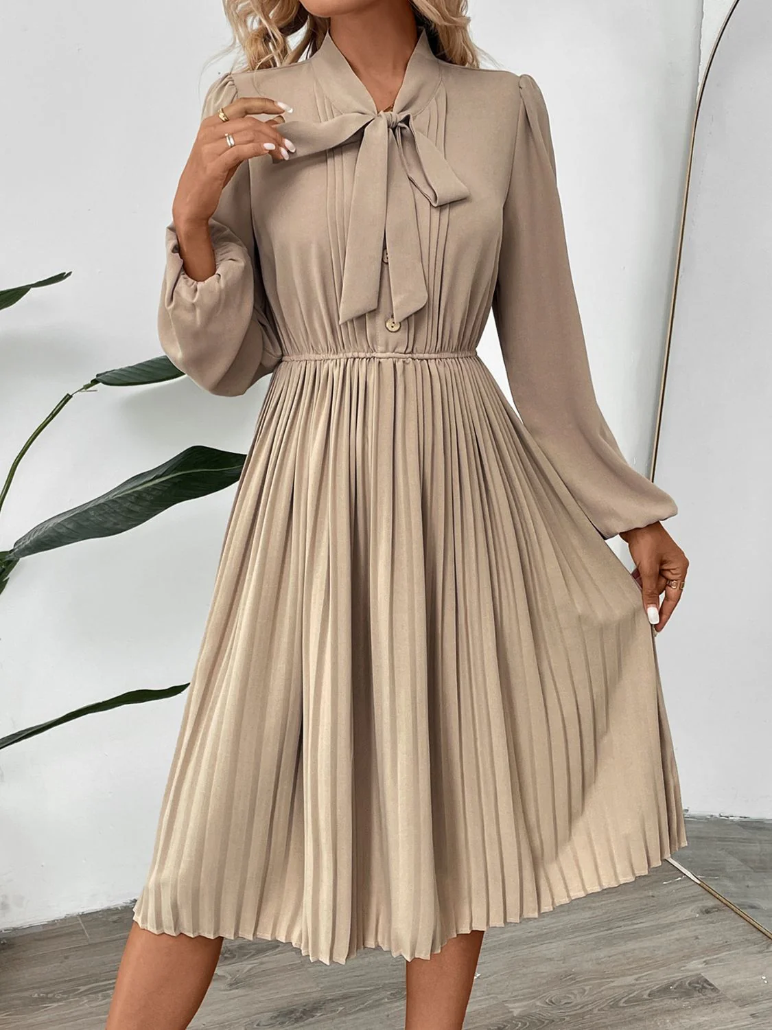 Perfee Pleated Tie Neck Long Sleeve Dress - Image 4
