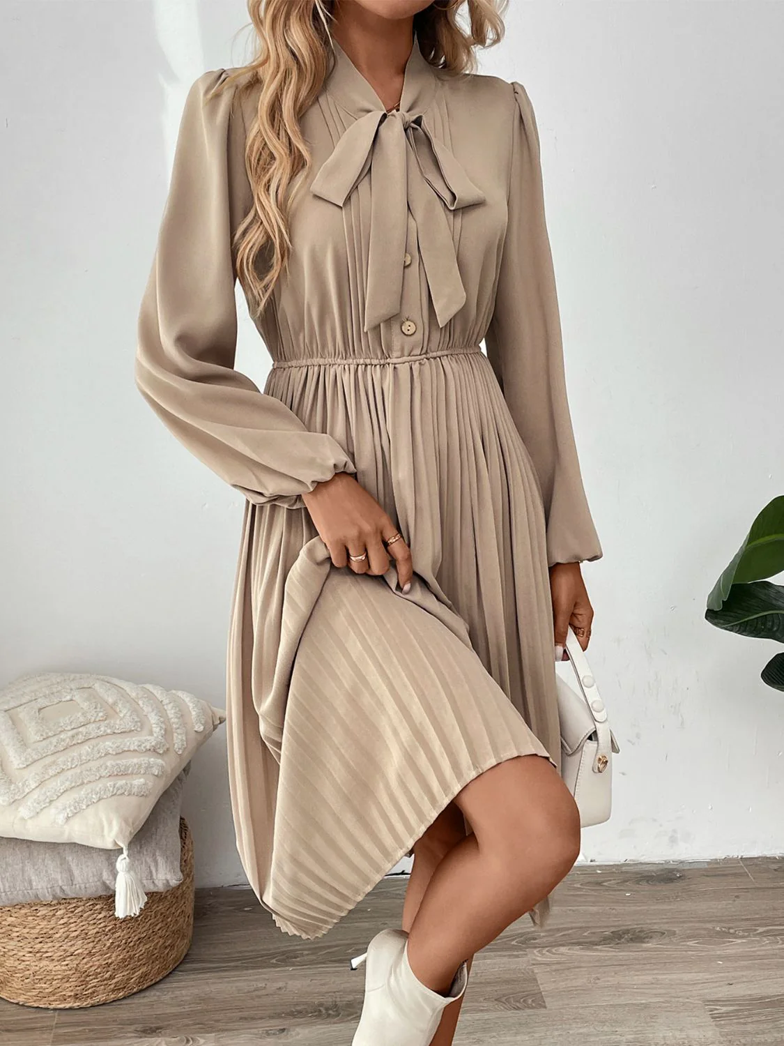 Perfee Pleated Tie Neck Long Sleeve Dress - Image 5