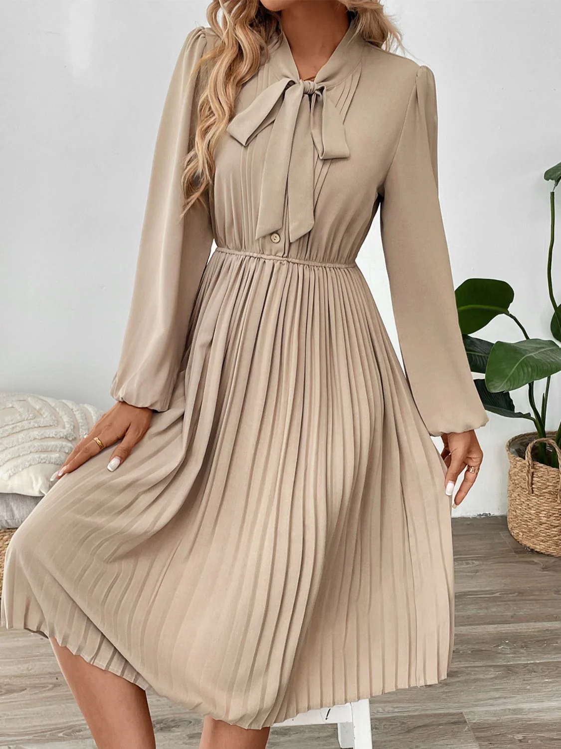 Perfee Pleated Tie Neck Long Sleeve Dress - Image 6