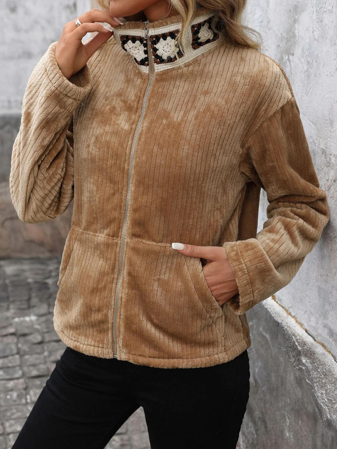 Perfee Pocketed Zip Up Collared Neck Long Sleeve Jacket - Image 3