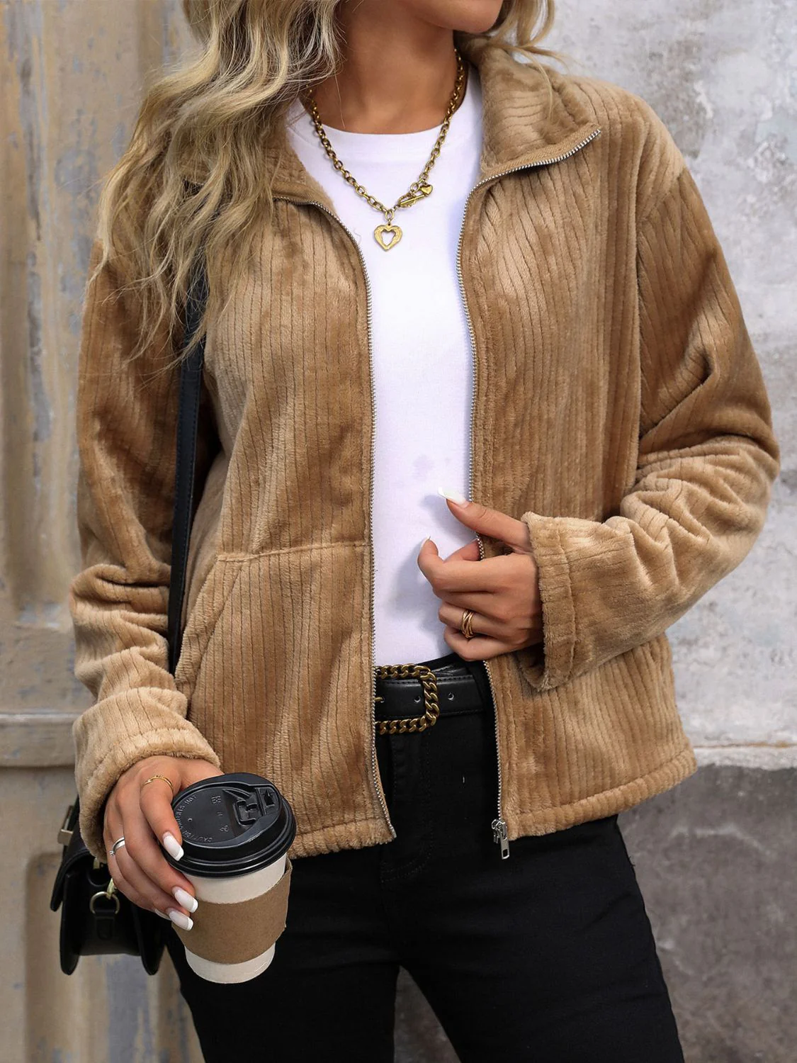 Perfee Pocketed Zip Up Collared Neck Long Sleeve Jacket - Image 5