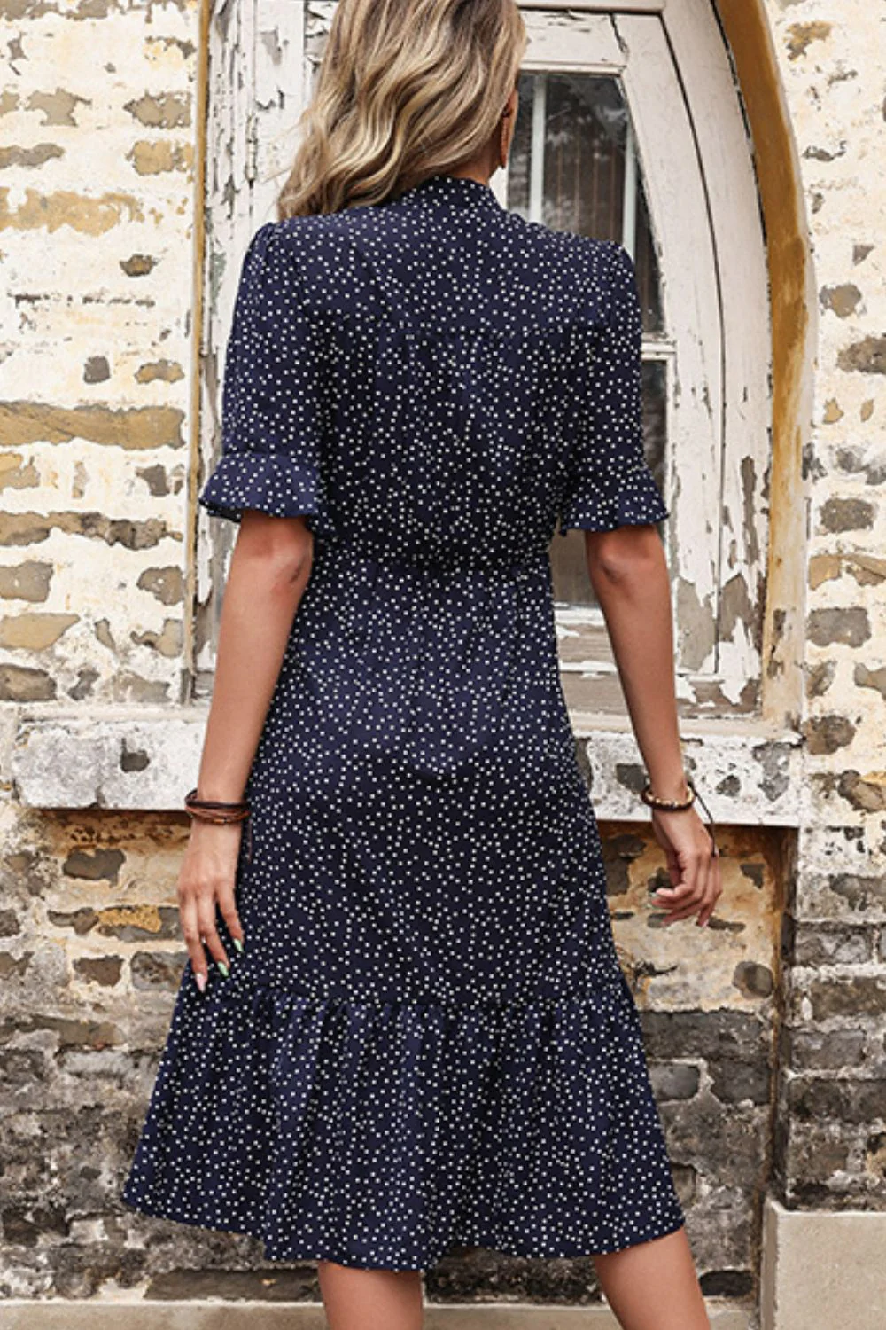 Perfee Polka Dot Tie Front Ruffled Midi Dress - Image 4