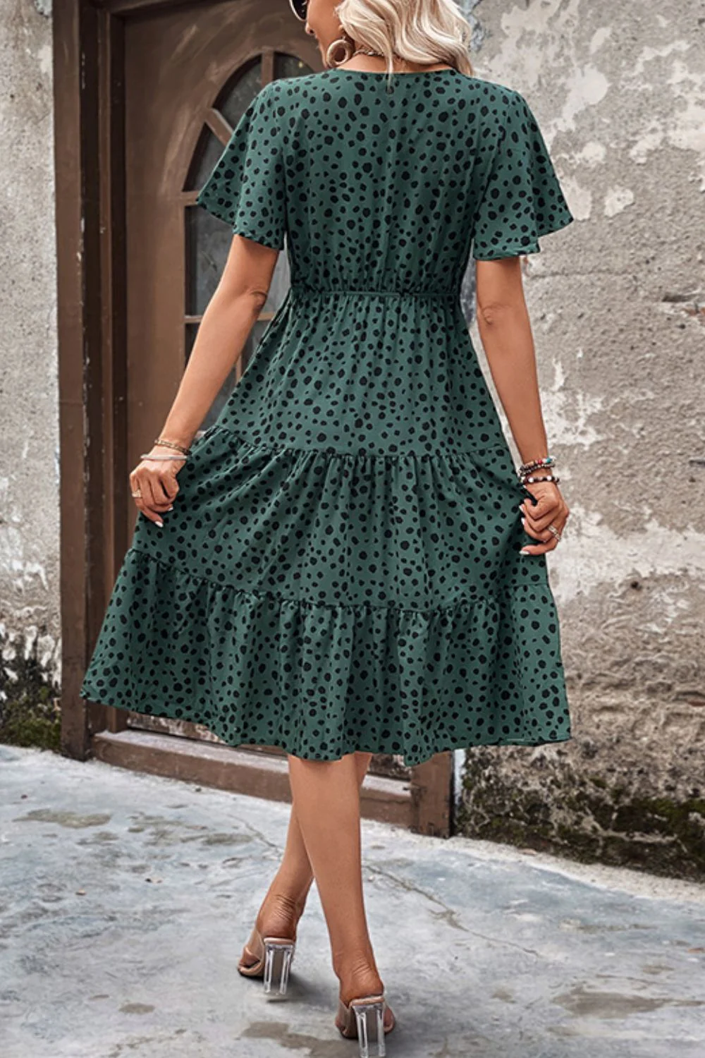 Perfee Printed Buttoned V-Neck Flutter Sleeve Dress - Image 2