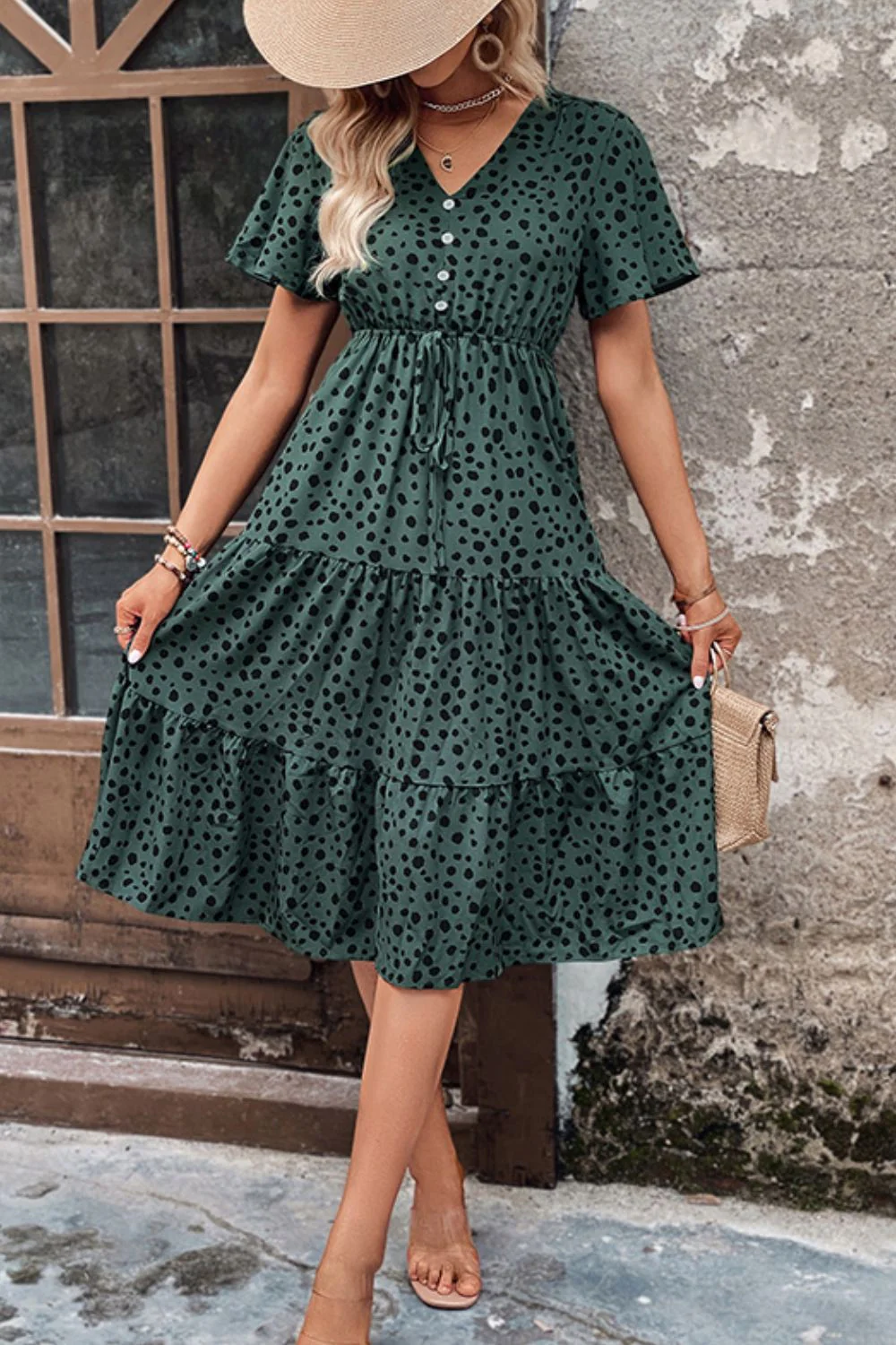 Perfee Printed Buttoned V-Neck Flutter Sleeve Dress - Image 3