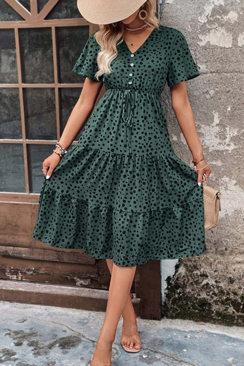 Perfee Printed Buttoned V-Neck Flutter Sleeve Dress - Image 5