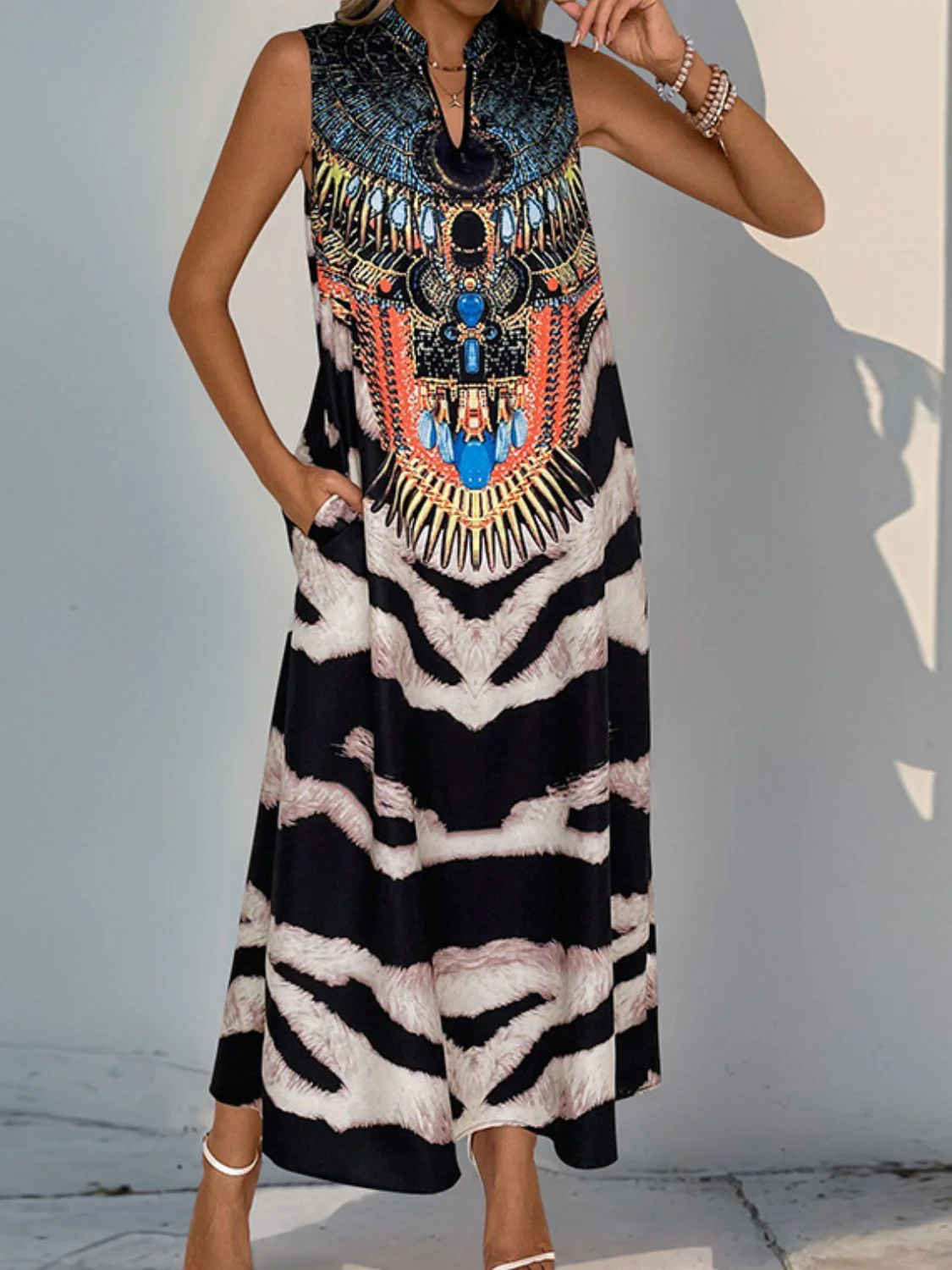 Perfee Printed Notched Sleeveless Dress - Image 3