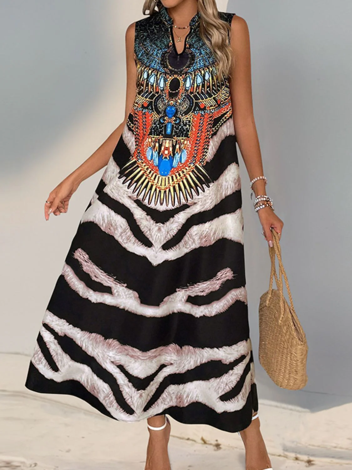 Perfee Printed Notched Sleeveless Dress - Image 5