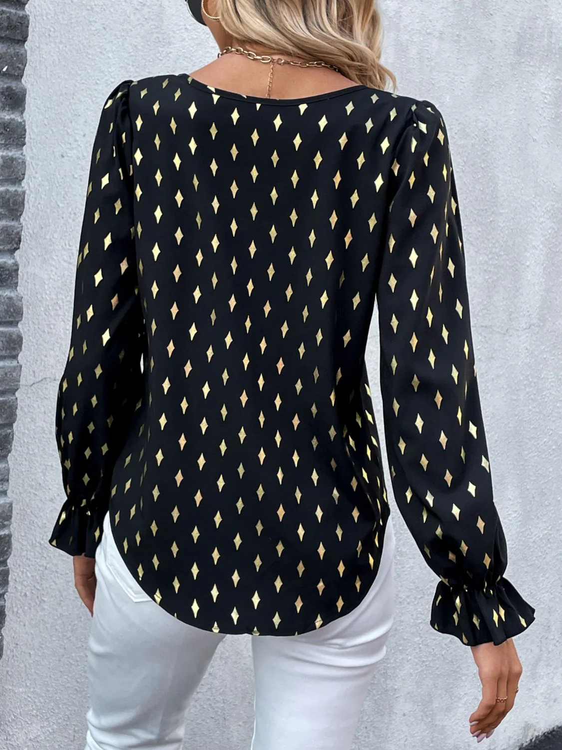 Perfee Printed Round Neck Flounce Sleeve Blouse - Image 10