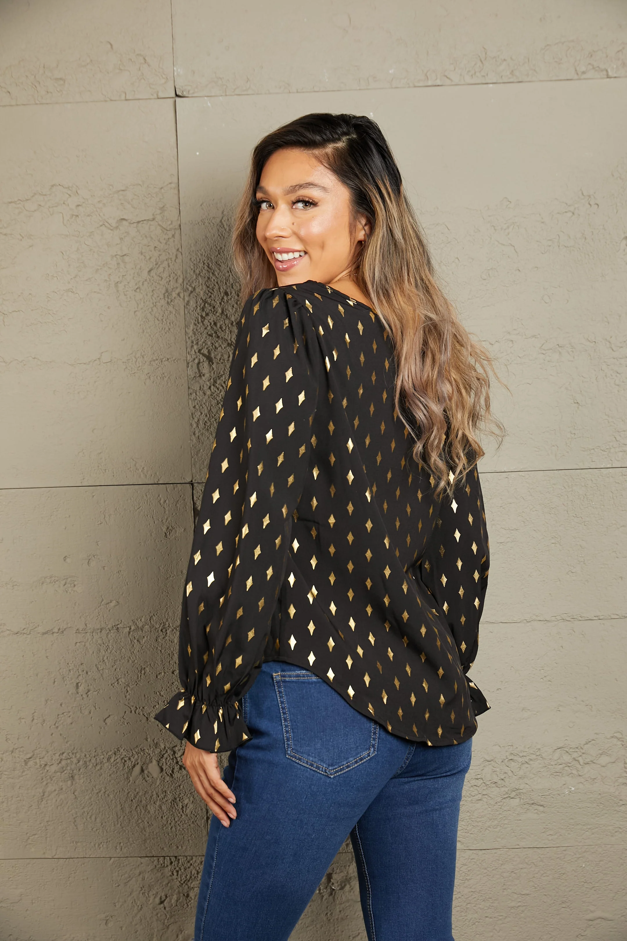 Perfee Printed Round Neck Flounce Sleeve Blouse - Image 2