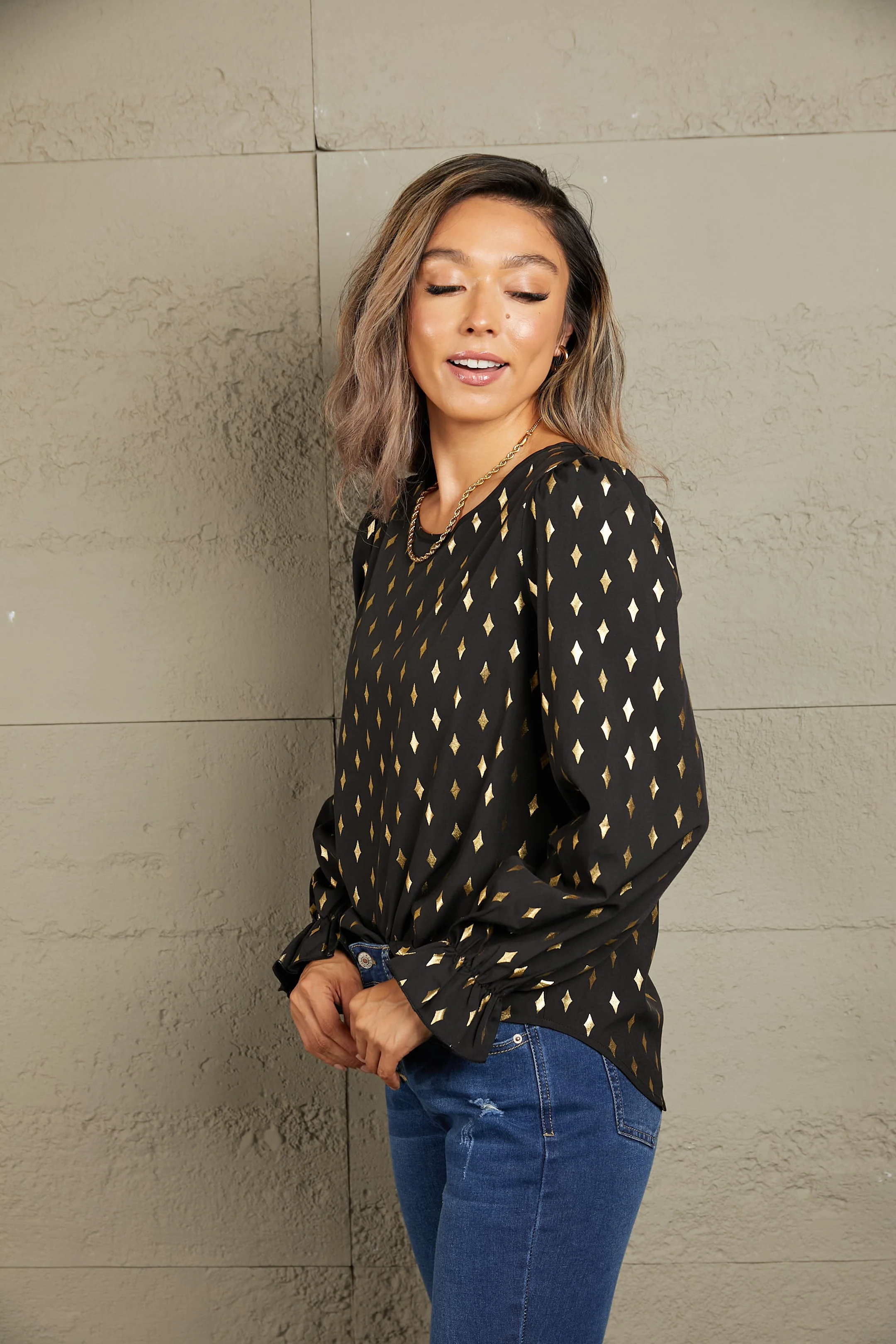 Perfee Printed Round Neck Flounce Sleeve Blouse - Image 3