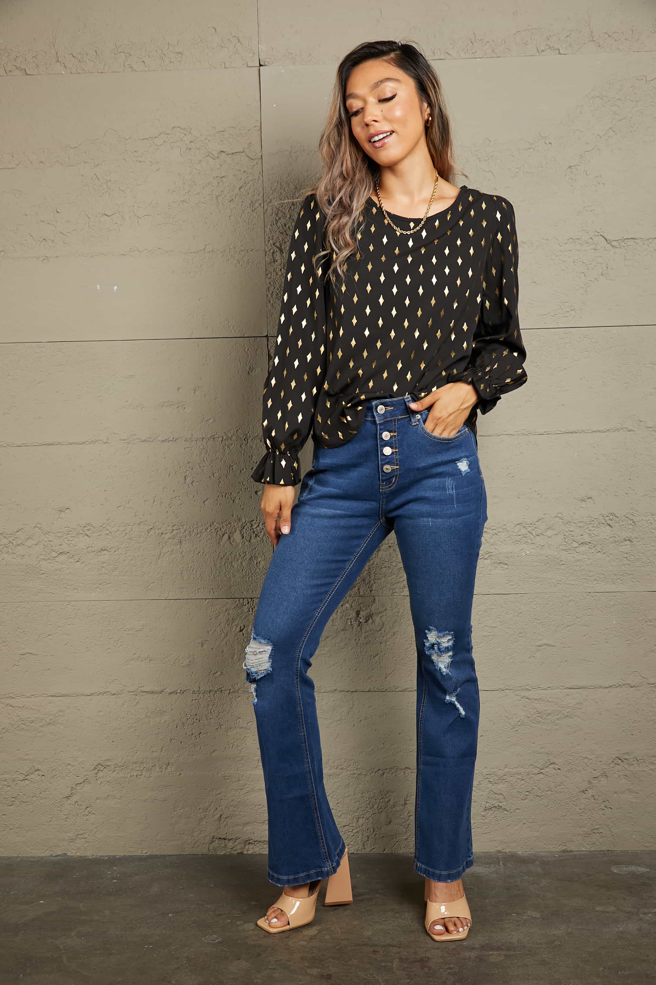 Perfee Printed Round Neck Flounce Sleeve Blouse - Image 4