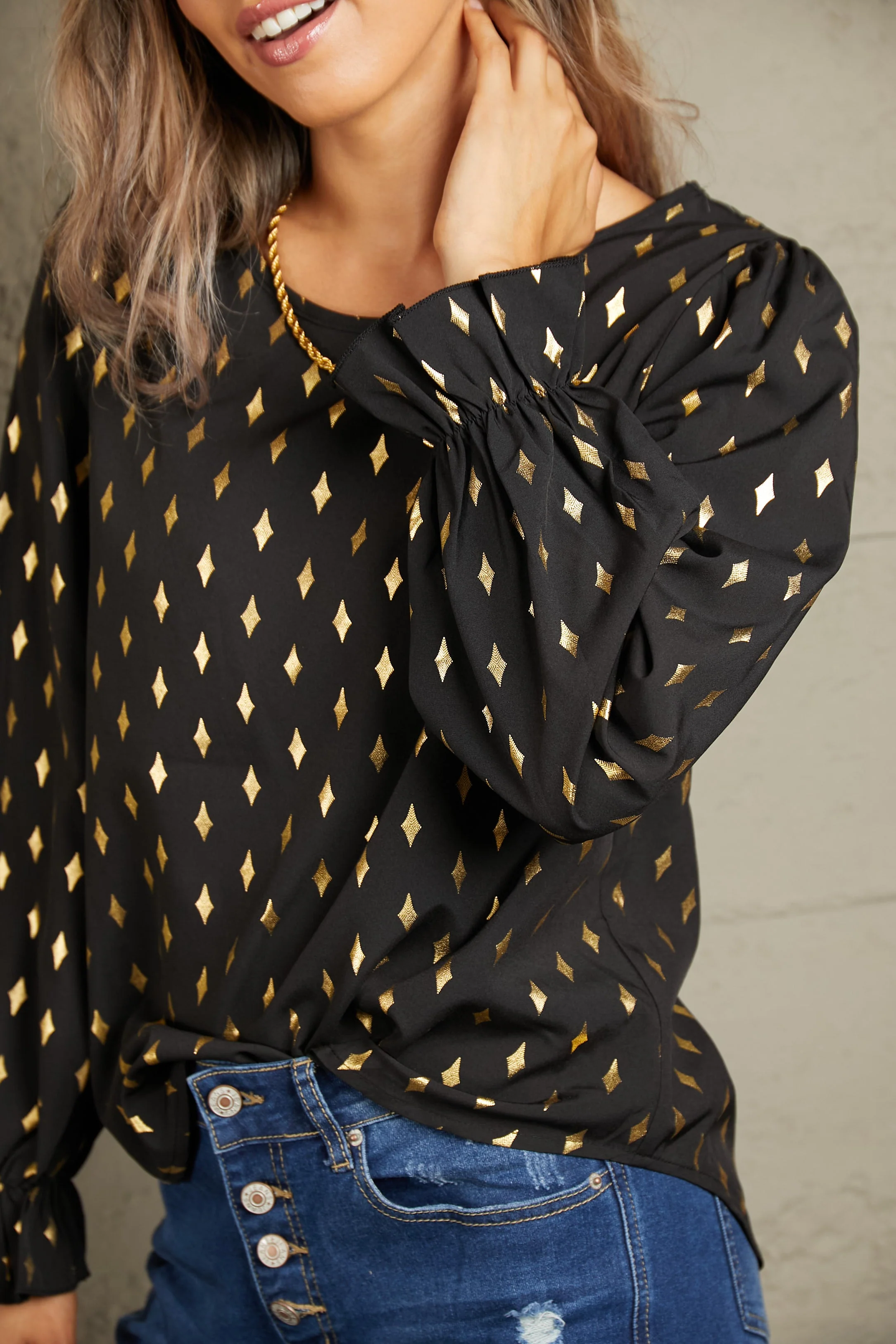 Perfee Printed Round Neck Flounce Sleeve Blouse - Image 5