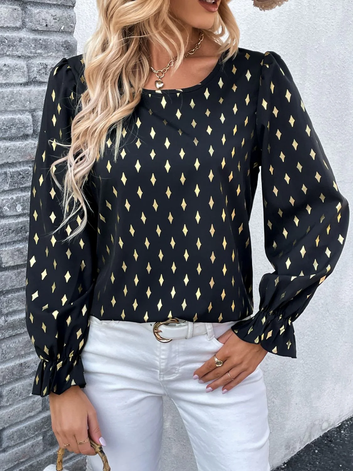 Perfee Printed Round Neck Flounce Sleeve Blouse - Image 6