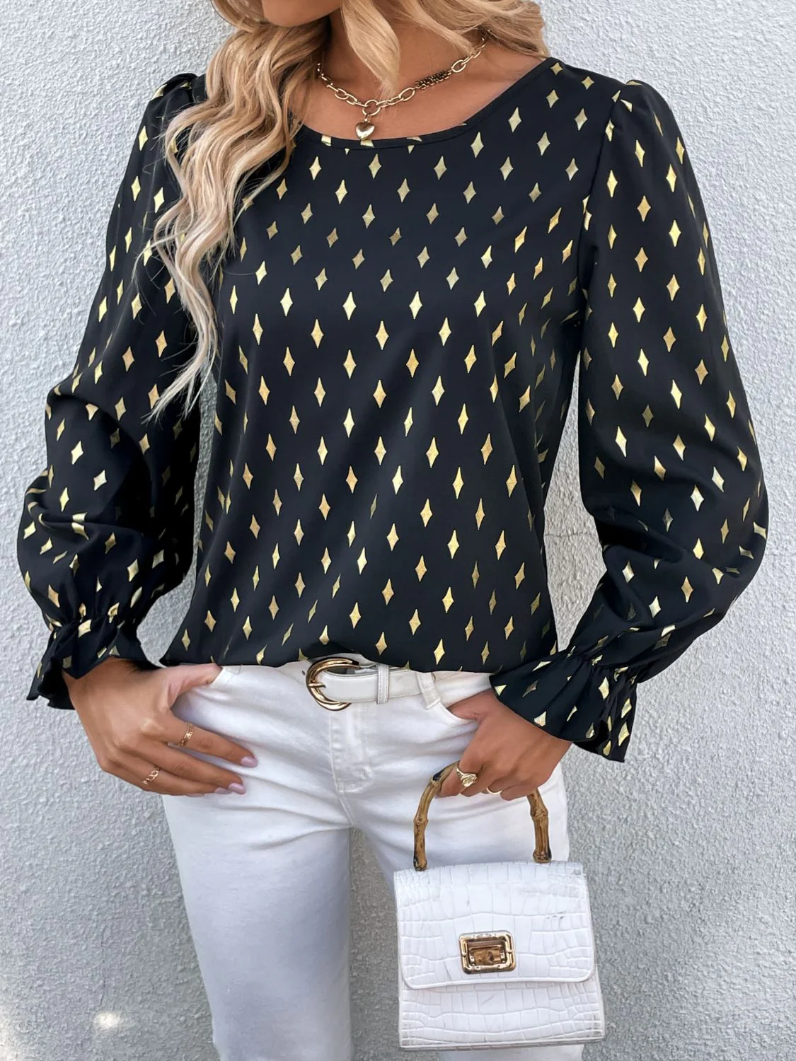 Perfee Printed Round Neck Flounce Sleeve Blouse - Image 7
