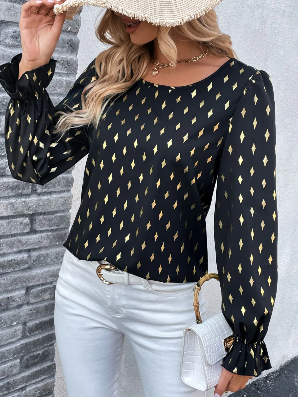 Perfee Printed Round Neck Flounce Sleeve Blouse - Image 8