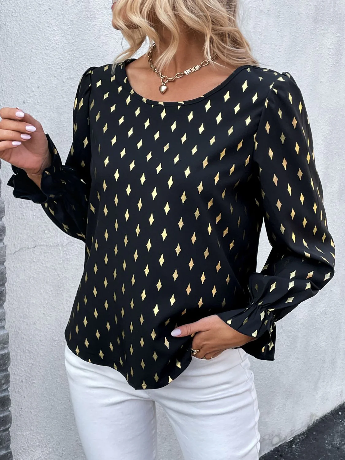 Perfee Printed Round Neck Flounce Sleeve Blouse - Image 9