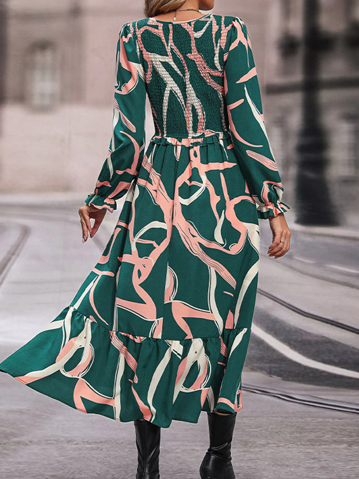 Perfee Printed Smocked V-Neck Three-Quarter Sleeve Midi Dress - Image 2