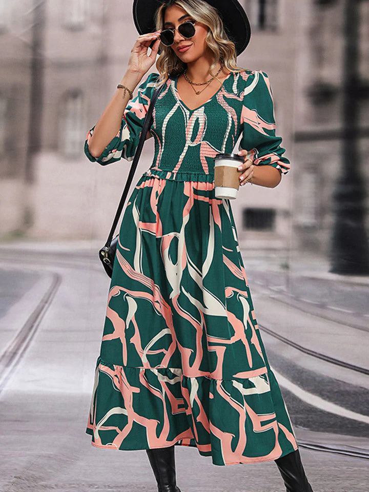 Perfee Printed Smocked V-Neck Three-Quarter Sleeve Midi Dress - Image 3