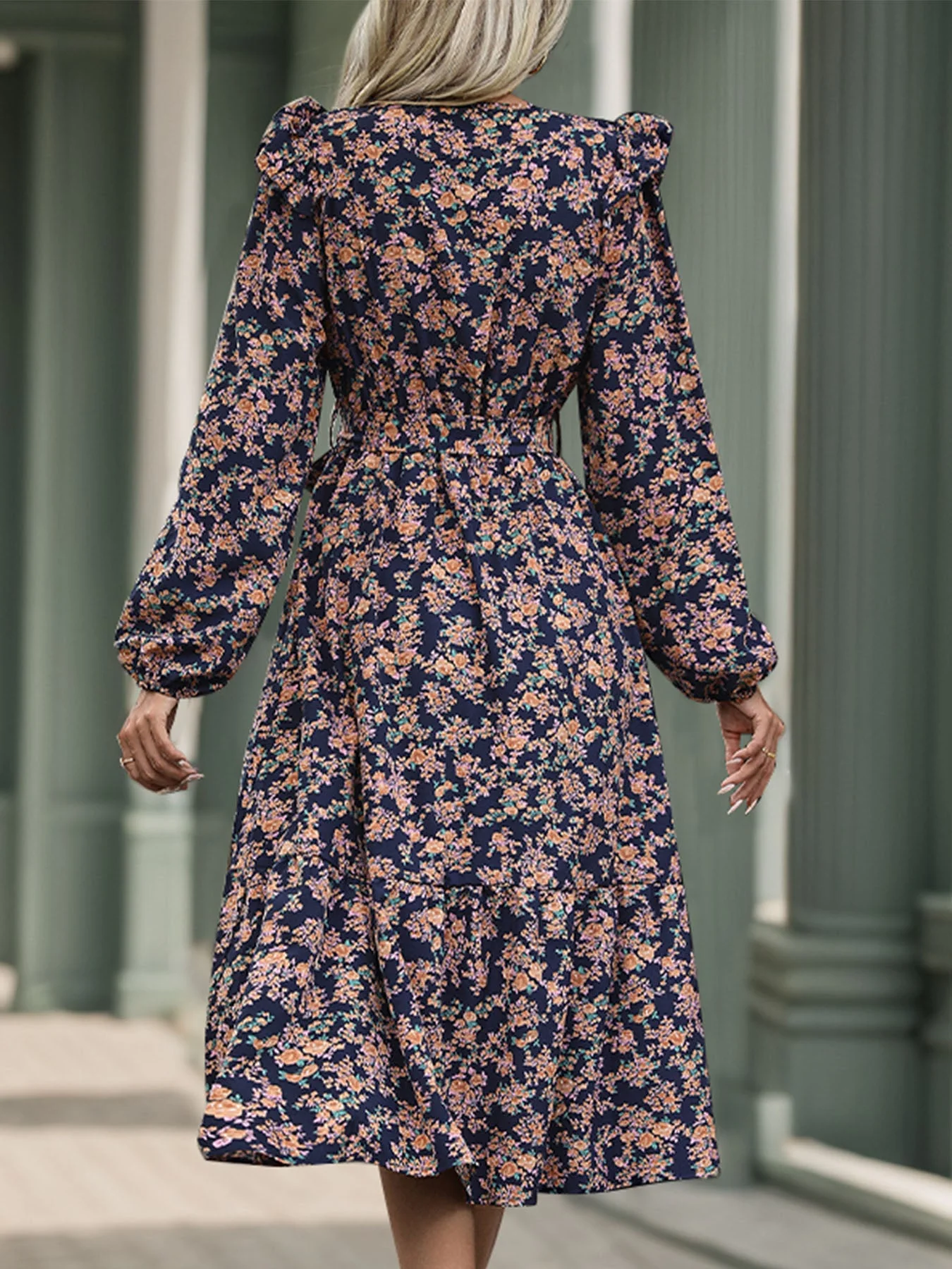 Perfee Printed Surplice Long Sleeve Midi Dress - Image 2
