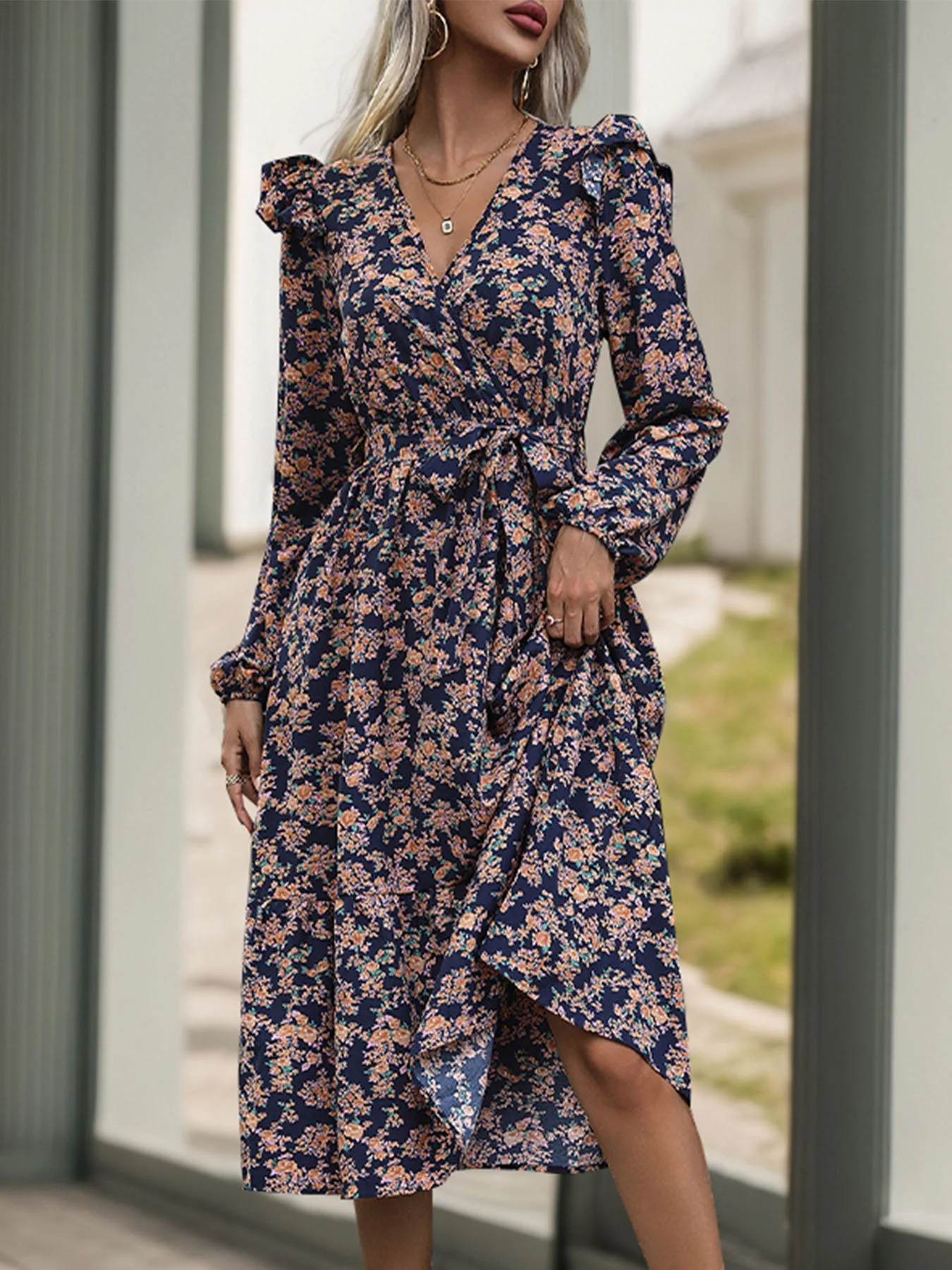 Perfee Printed Surplice Long Sleeve Midi Dress - Image 3