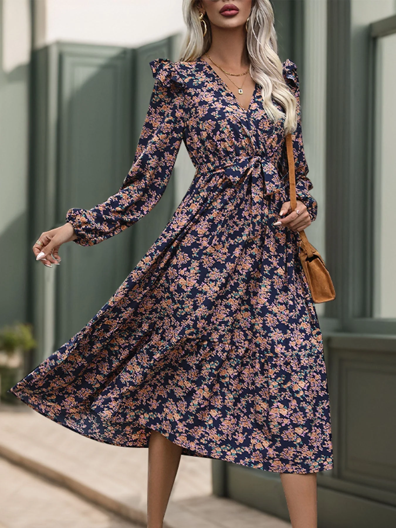 Perfee Printed Surplice Long Sleeve Midi Dress - Image 4