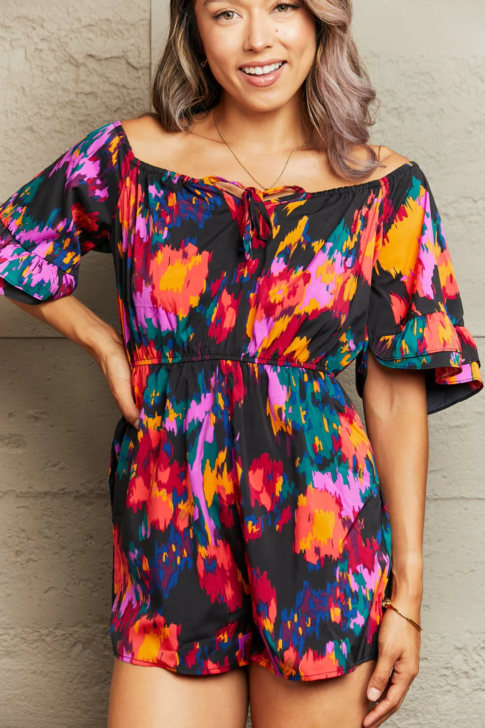 Perfee Printed Tied Flounce Sleeve Romper - Image 5