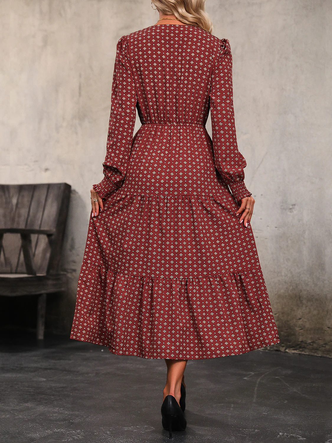 Perfee Printed Tiered V-Neck Buttoned Midi Dress - Image 2