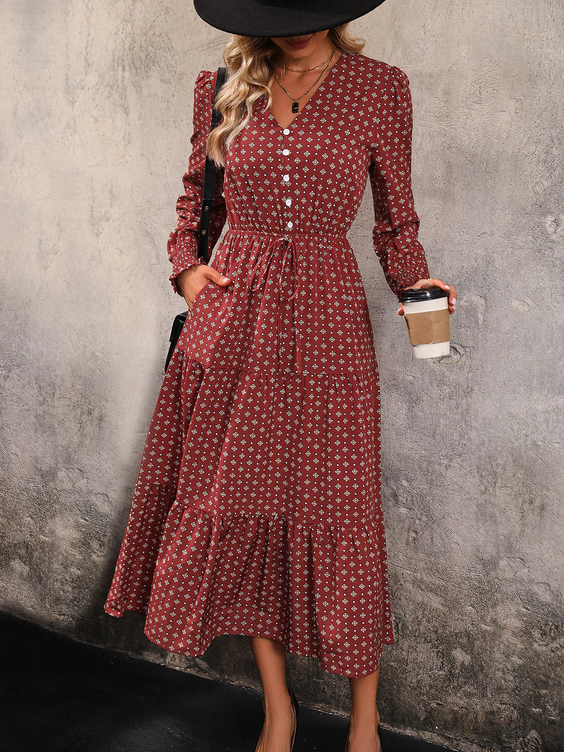 Perfee Printed Tiered V-Neck Buttoned Midi Dress - Image 3
