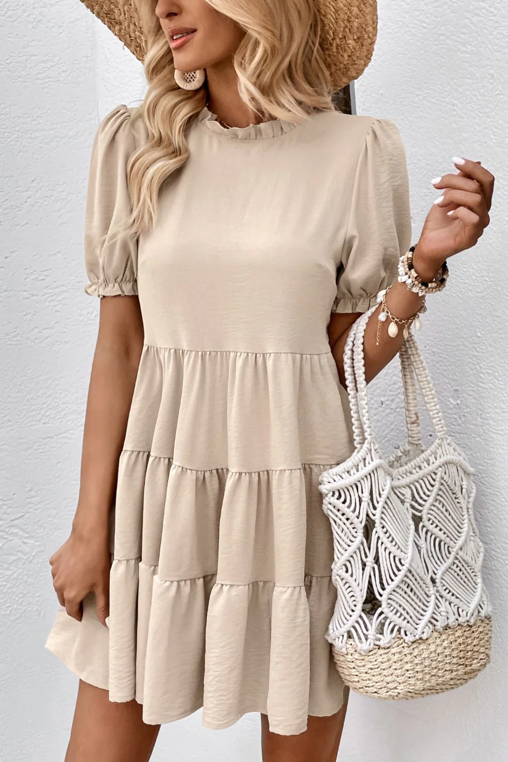 Perfee Puff Sleeve Tie Back Tiered Dress - Image 10