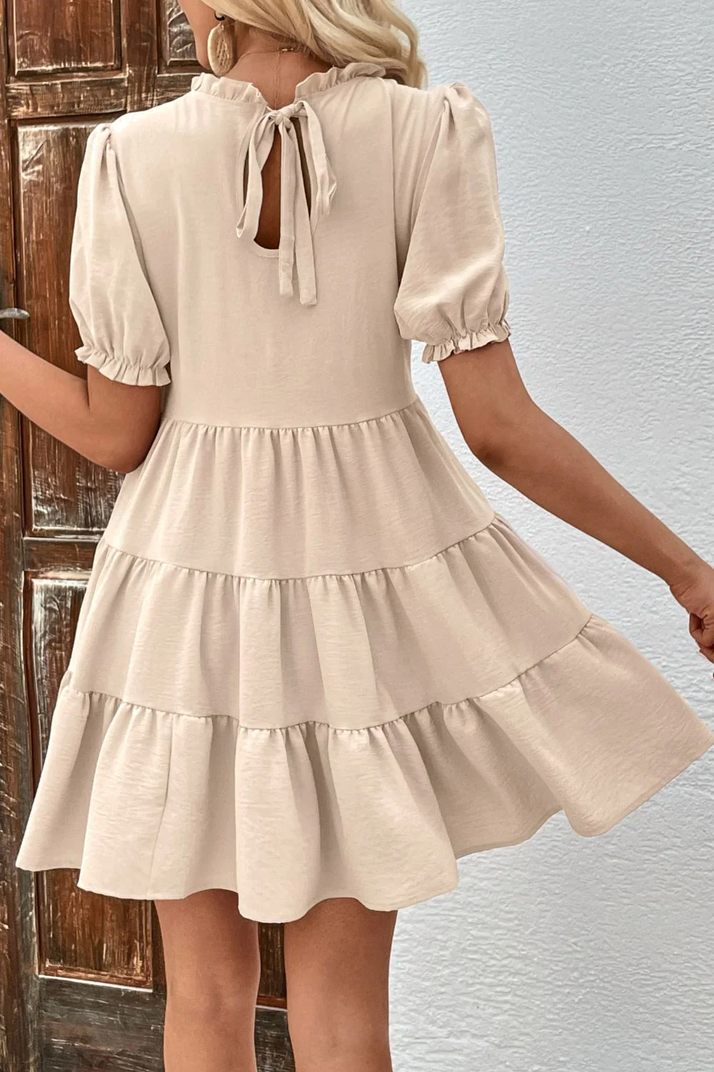 Perfee Puff Sleeve Tie Back Tiered Dress - Image 12