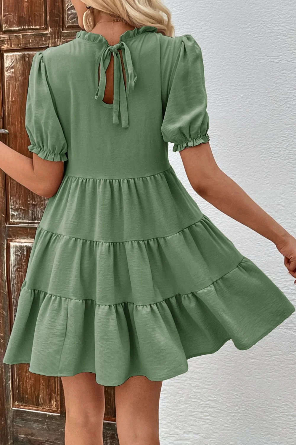 Perfee Puff Sleeve Tie Back Tiered Dress - Image 2