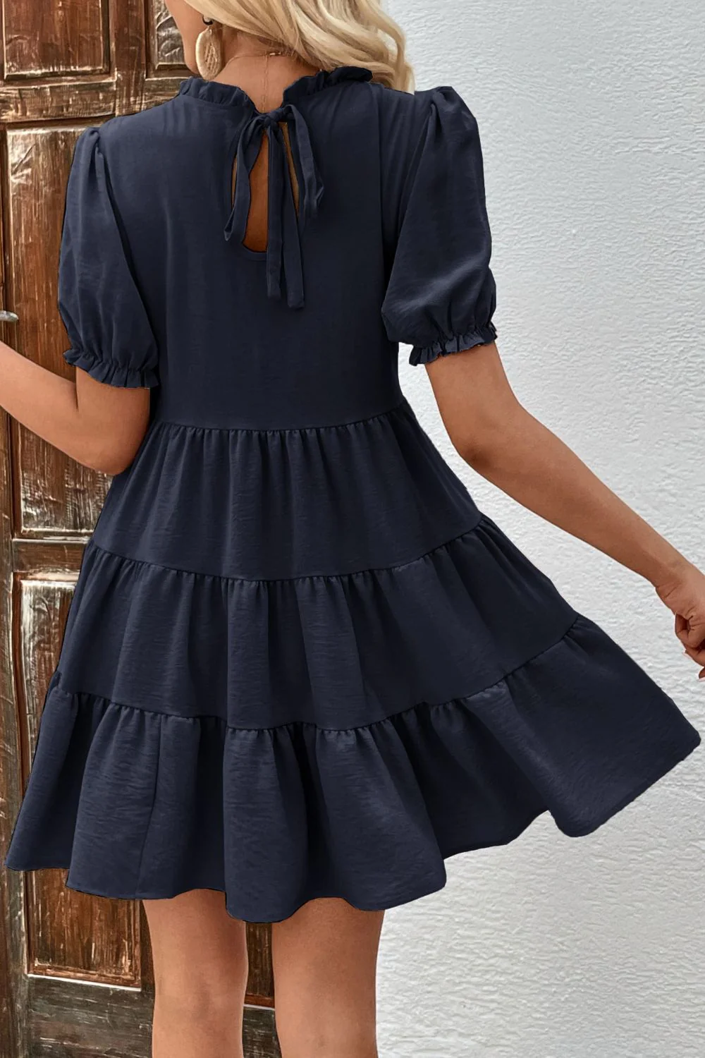 Perfee Puff Sleeve Tie Back Tiered Dress - Image 8