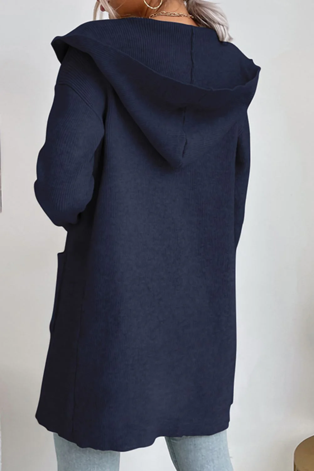 Perfee Ribbed Open Front Hooded Cardigan with Pockets - Image 2