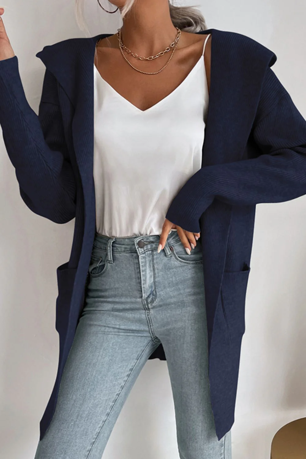 Perfee Ribbed Open Front Hooded Cardigan with Pockets - Image 3